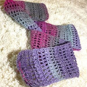 PURPLE PINK GRAY WINTER SCARF with Metallic Threads Crocheted Barbie Sno…
